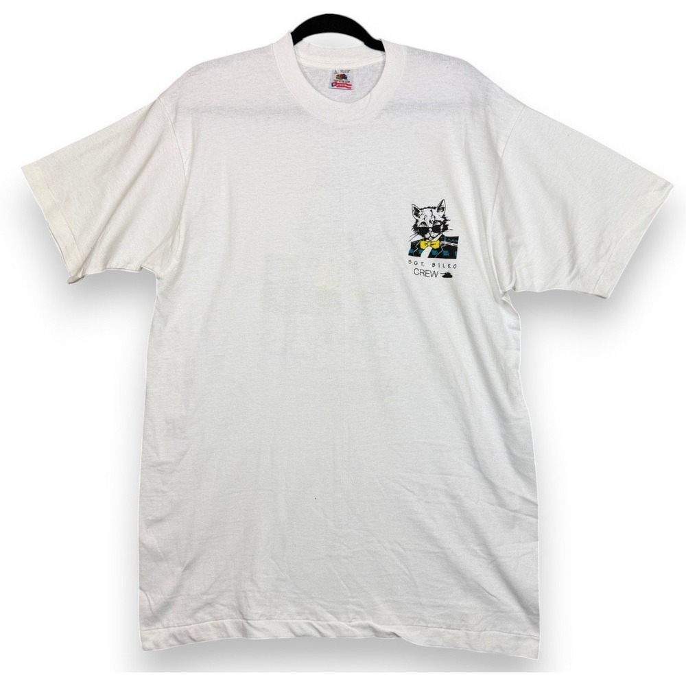 Vintage 1990 Tomkats Catering T Shirt L White Sgt Bilko Film Crew Promo Cat - Picture 2 of 14